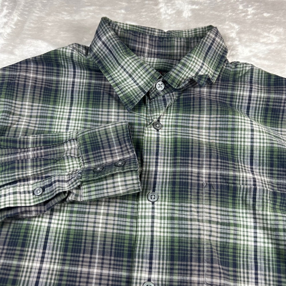 John Varvatos Mens Medium M USA Button Down Shirt Green Plaid Long Sleeve Cotton
